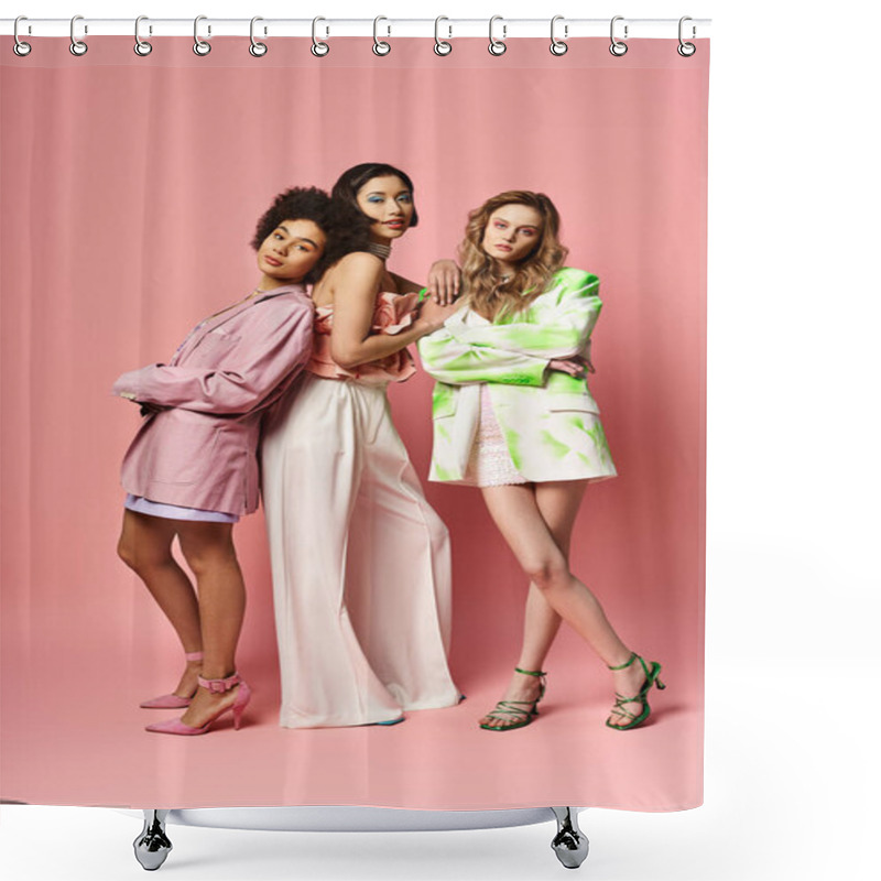 Personality  A Group Of Multicultural Women Standing Side By Side In A Studio Against A Vibrant Pink Background. Shower Curtains