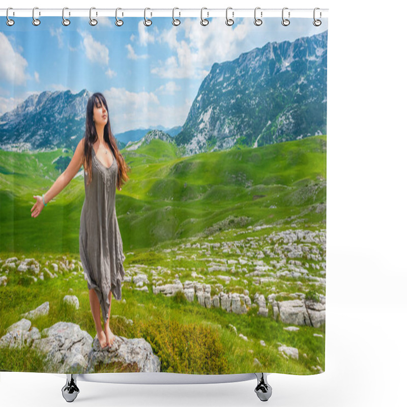 Personality  Beautiful Woman Standing With Closed Eyes And Open Arms On Stone In Valley In Durmitor Massif, Montenegro Shower Curtains