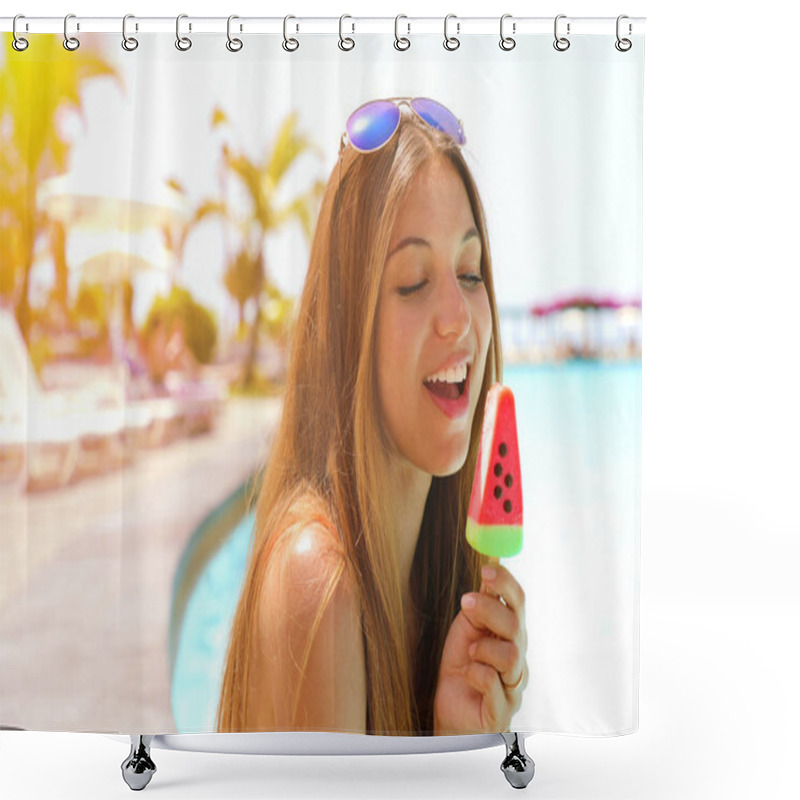 Personality  Attractive Beautiful Smiling Woman Eating Popsicle Ice Pop In Form Of Watermelon Slice. Summer Holidays Concept. Shower Curtains