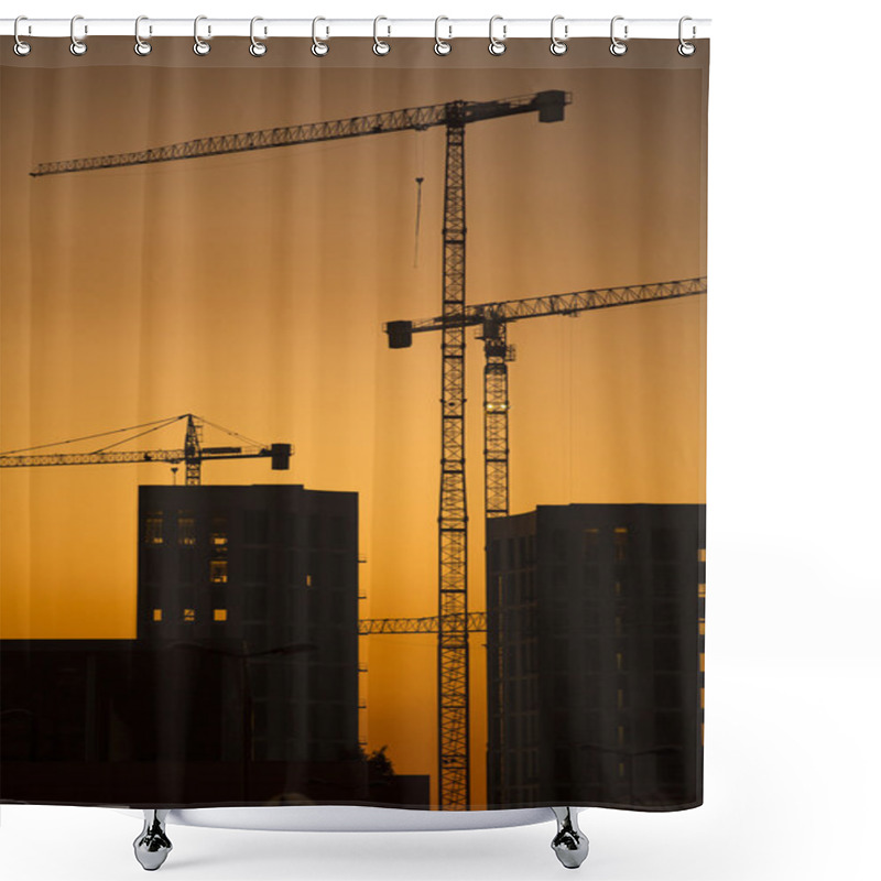 Personality  Cranes At Sunset. Industrial Construction Cranes And Building Silhouettes Over Sun At Sunrise. In Vertical Format. Shower Curtains