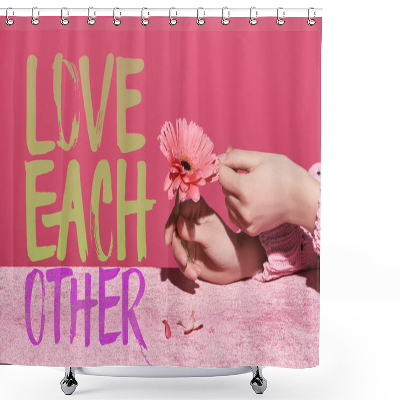 Personality  Cropped View Of Woman Picking Gerbera Petals On Velour Cloth Isolated On Pink, Love Each Other Illustration Shower Curtains