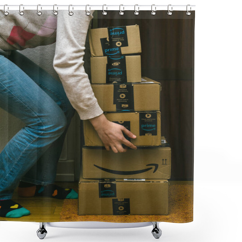 Personality  PARIS, FRANCE - JAN 13, 2018: Woman And Amazon Cardboard Boxes Lifted By Woman Near Apartment Door Shower Curtains