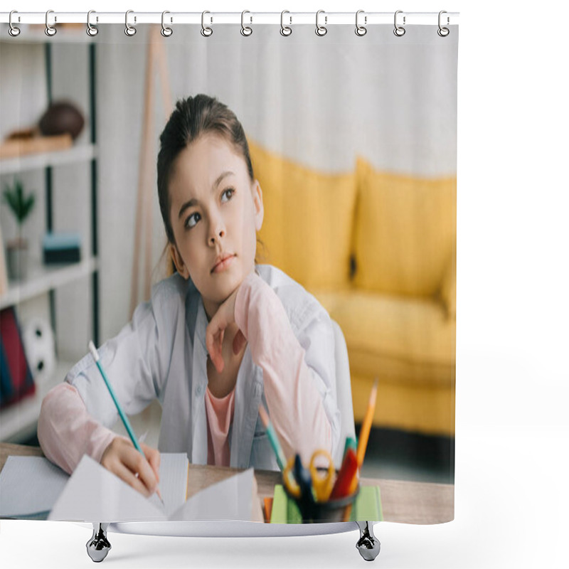 Personality  Thoughtful Child Writing In Notebook And Looking Away While Doing Schoolwork At Home Shower Curtains