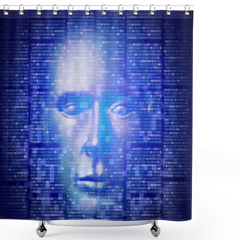 Personality  Machine Learning And Neural Networks Technology Concept As A Human Computer Hybrid Intelligence As An Artificial Intelligence Or AI Concept In A 3D Illustration Style. Shower Curtains