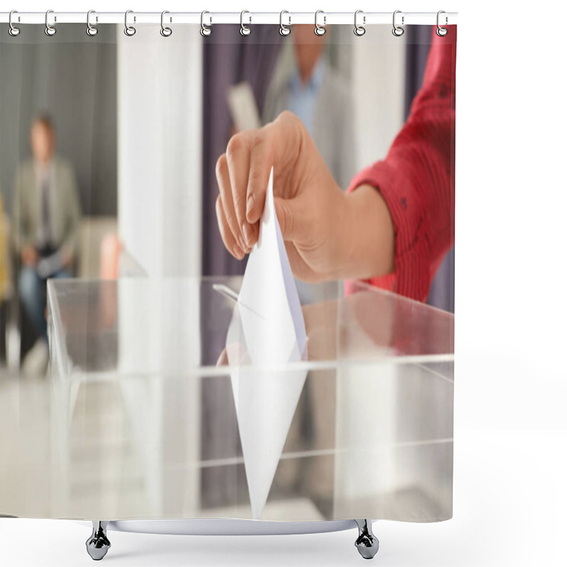 Personality  Woman Putting Ballot Paper Into Box At Polling Station, Closeup Shower Curtains