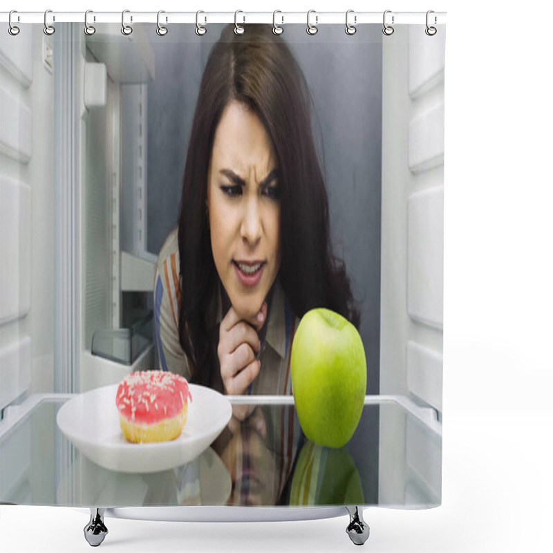 Personality  Brunette Woman Choosing Between Apple And Glazed Doughnut In Fridge  Shower Curtains