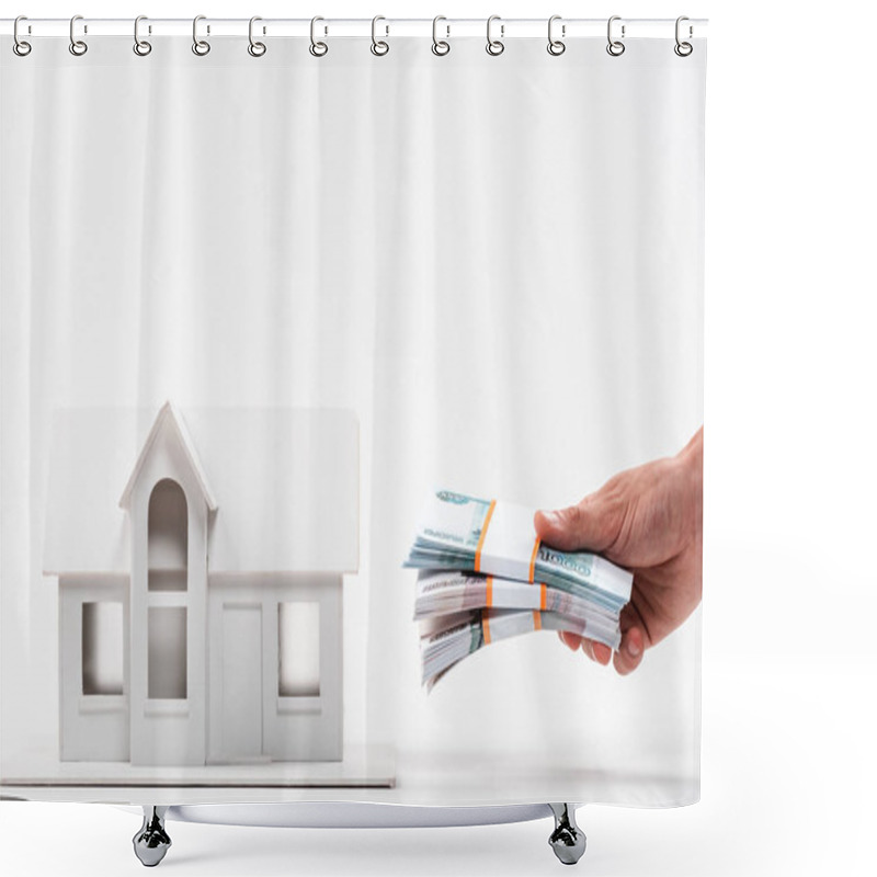 Personality  Cropped View Of Man Holding Russian Money Near Carton House On White  Shower Curtains