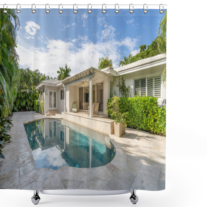 Personality  Beautiful Backyard With Concrete Floor And Pool, Surrounded By Tropical Plants, Porch With Sun Loungers, Outdoor Furniture, Vines, Located In Coral Gables Shower Curtains