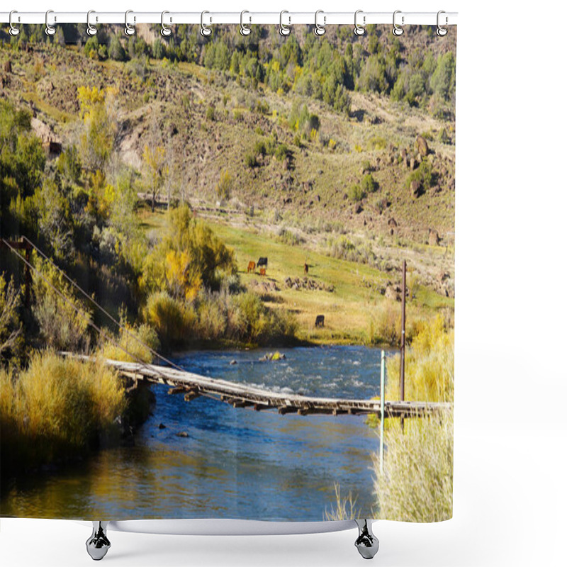 Personality  An Old And Dilapidated Bridge Still Spans The River Below While Livestock Grazes On A Grassy Bank. Shower Curtains