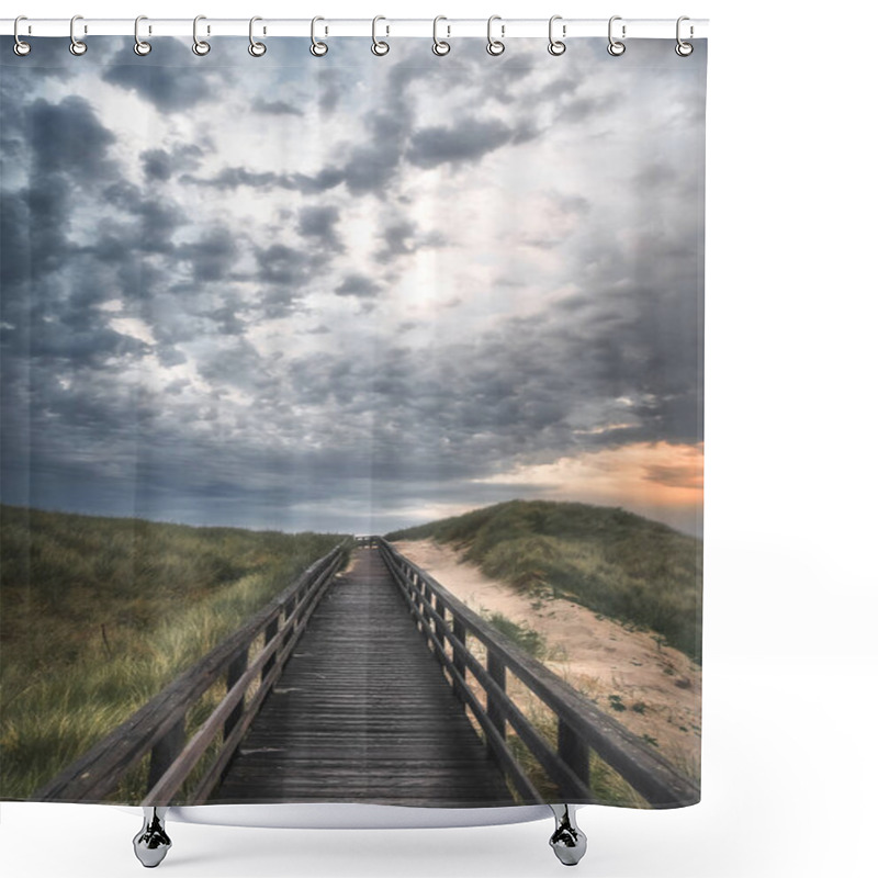 Personality  Boardwalk Through Grassy Dune Landscape On Sylt Island At Sunset Shower Curtains