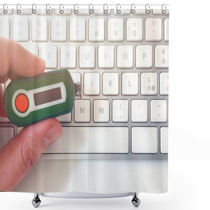 Personality  Male Hand Holding A Bank Code Generator On A White Computer Keyboard. Online Security Concept. Home Banking Shower Curtains