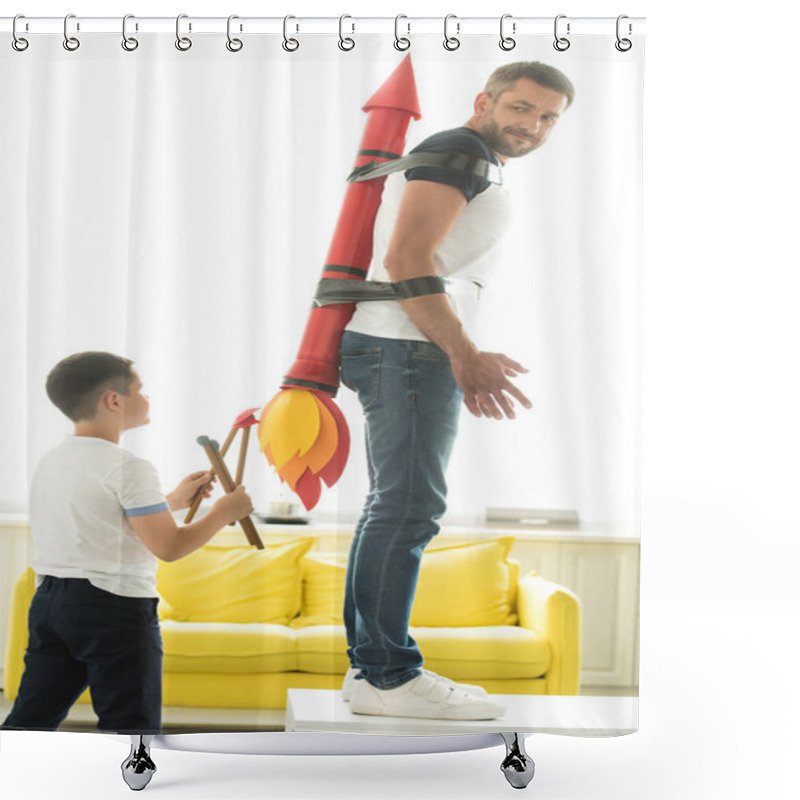 Personality  Disobedient Son Playing With Tied Father With Rocket Toy On Back At Home Shower Curtains