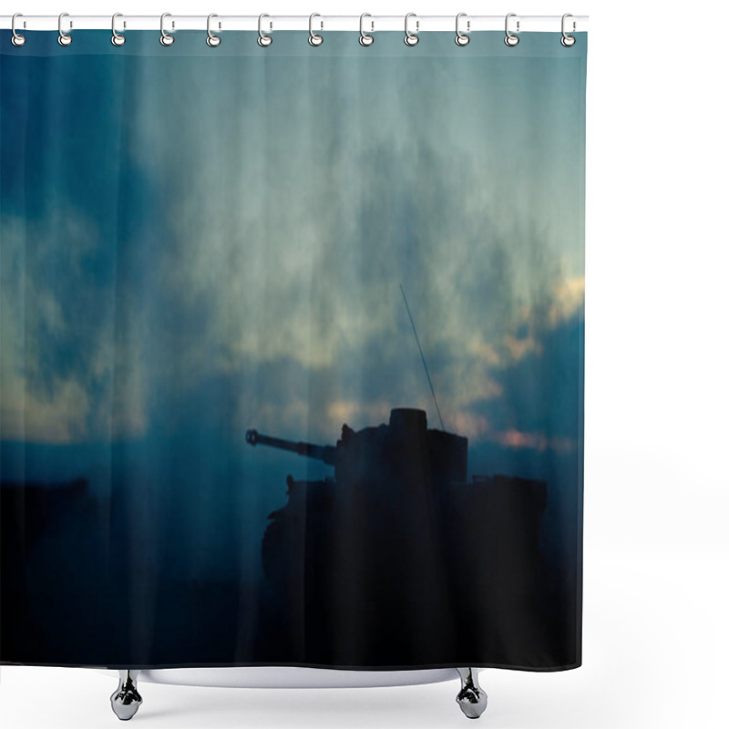 Personality  War Concept. Military Silhouettes Fighting Scene On War Fog Sky Background, World War German Tanks Silhouettes Below Cloudy Skyline At Night. Attack Scene. Armored Vehicles. Tanks Battle Scene Shower Curtains