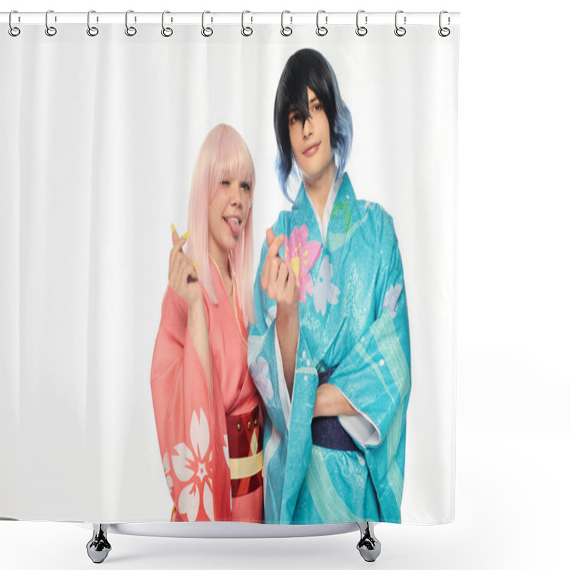 Personality  Blonde Woman In Kimono Sticking Out Tongue And Showing Mini Hearts Signs With Anime Man On White Shower Curtains