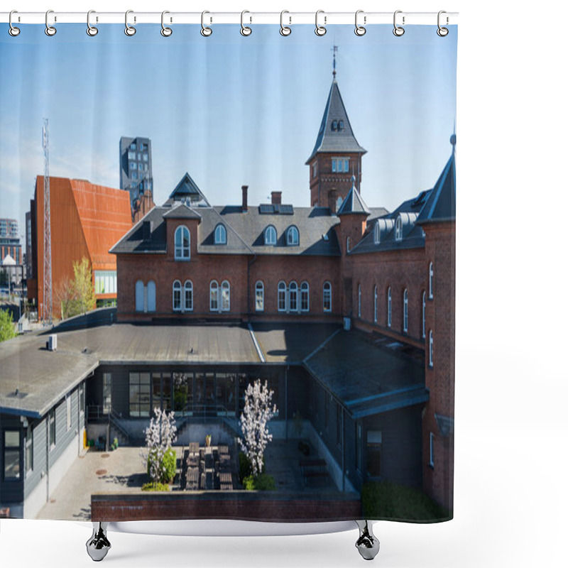 Personality  Modern Architecture And Cozy Yard With Benches And Blossoming Trees, Copenhagen, Denmark  Shower Curtains