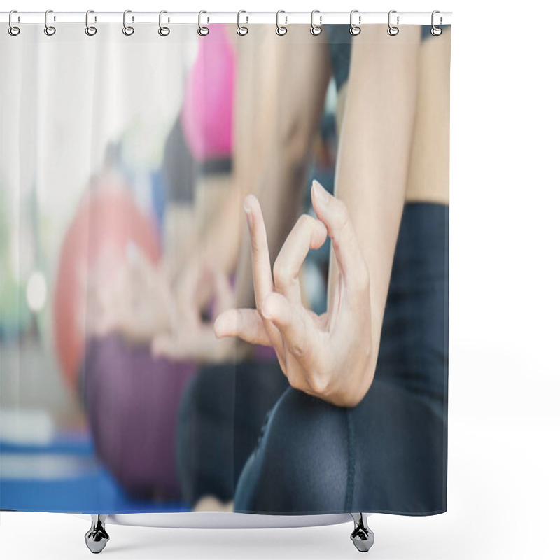 Personality  Women In Sportswear With Hands Yoga Gesture On Bright Background Shower Curtains