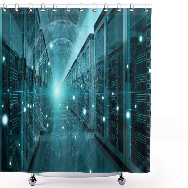 Personality  Earth Network Flying Over Server Room Data Center 3D Rendering Shower Curtains