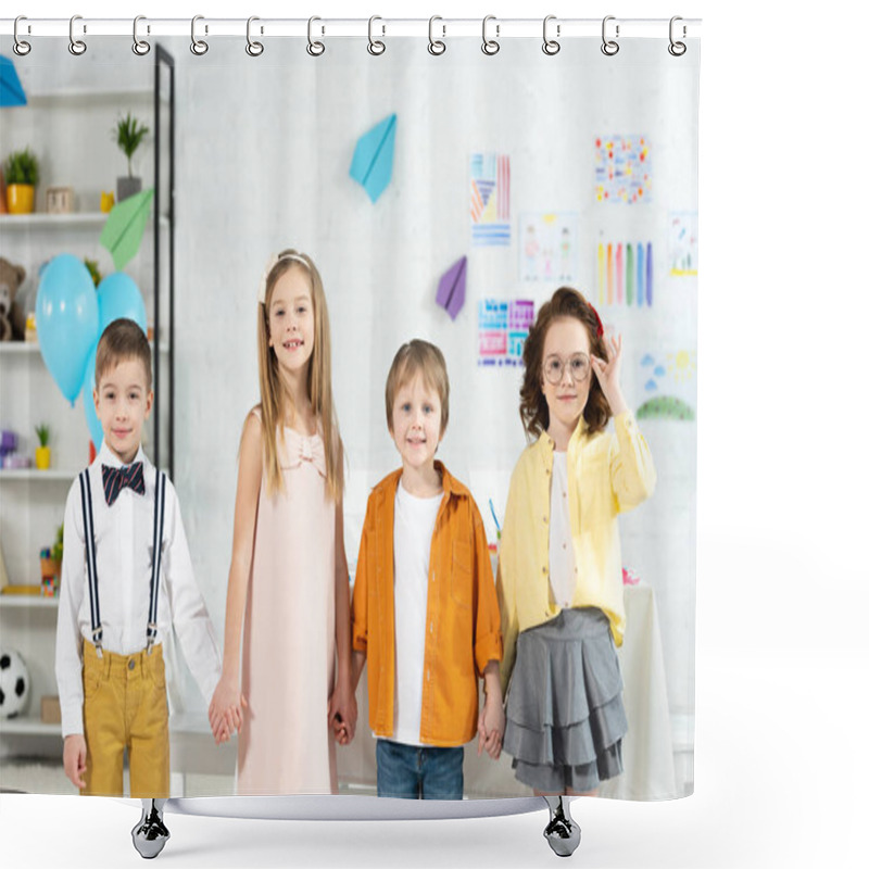 Personality  Adorable Smiling Kids Looking At Camera And Holding Hands During Birthday Party At Home Shower Curtains