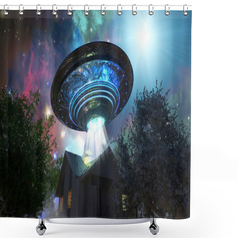 Personality  Ufo Flying Saucer Over The House, 3D Render Shower Curtains