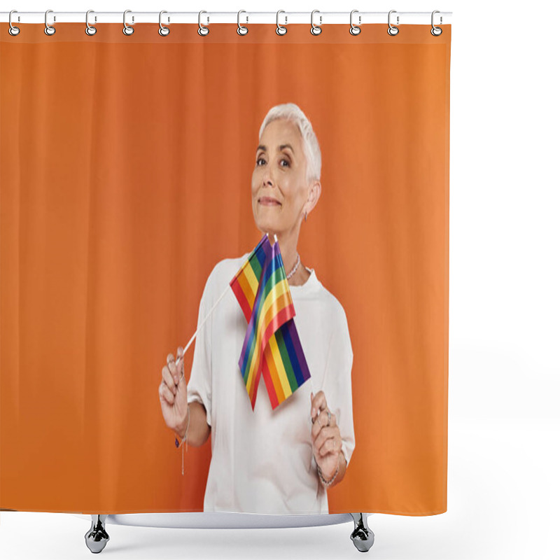 Personality  A Stylish Woman Proudly Holds A Rainbow Flag, Exuding Confidence And Joy. Shower Curtains