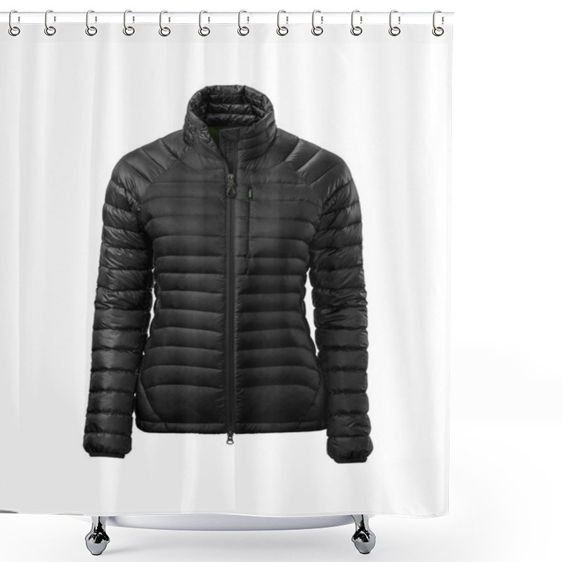 Personality  Women's Black Warm Sport Puffer Jacket Isolated Over White Background. Ghost Mannequin Photography Shower Curtains