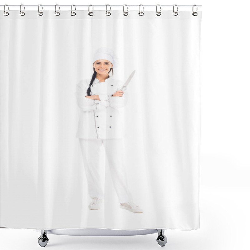 Personality  Full Length View Of Smiling Chef In Uniform Holding Knife With Crossed Arms Isolated On White Shower Curtains