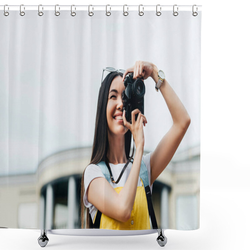 Personality  Attractive And Asian Woman With Glasses Smiling And Taking Photo  Shower Curtains