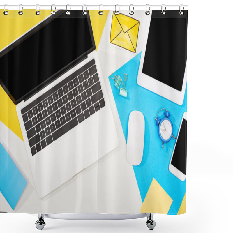 Personality  Top View Of Digital Devices With Office Supplies And Mail Icon On Yellow, Blue And White Background Shower Curtains