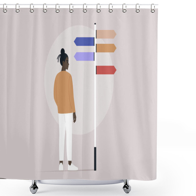 Personality  A Pivotal Moment For A Character Standing Before A Signpost Adorned With Multiple Directional Arrows, Symbolizing Various Life Paths, Signifying A Decision With Profound Implications Shower Curtains