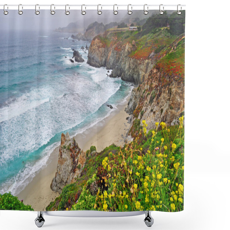 Personality  Route 1, California, Usa: Breathtaking View Of The Pacific Ocean, The Fog And The Vegetation Of Big Sur, A Region Of The Central Coast Of California, One Of The Most Popular Tourist Destinations Of The United States  Shower Curtains