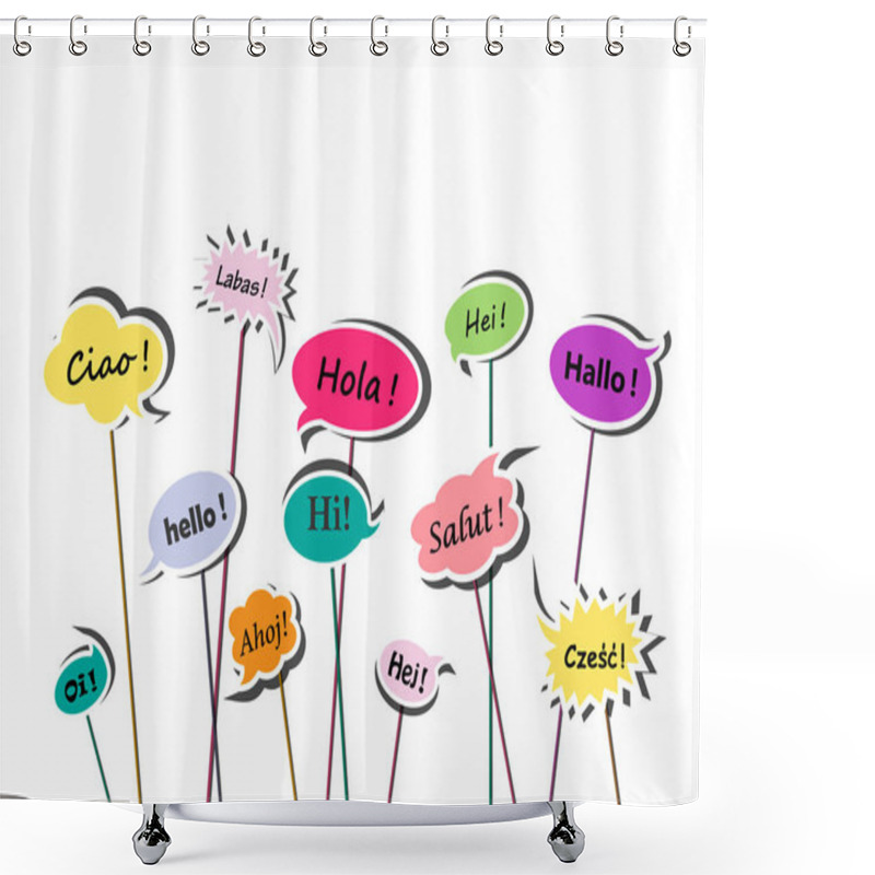 Personality  Multicolor Speech Bubbles With Greetings In Various European Languages Isolated On The White Background, Horizontal Vector Illustration Shower Curtains