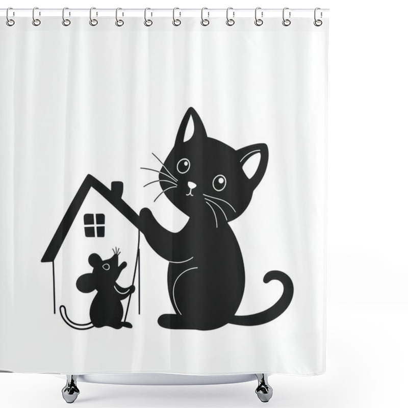 Personality  A Playful Black Cat With Wide Eyes Interacts With A Small Mouse Beside A Whimsical House. Shower Curtains