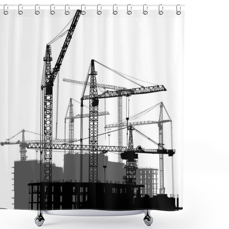 Personality  Grey And Black Cranes And House Buildings Shower Curtains