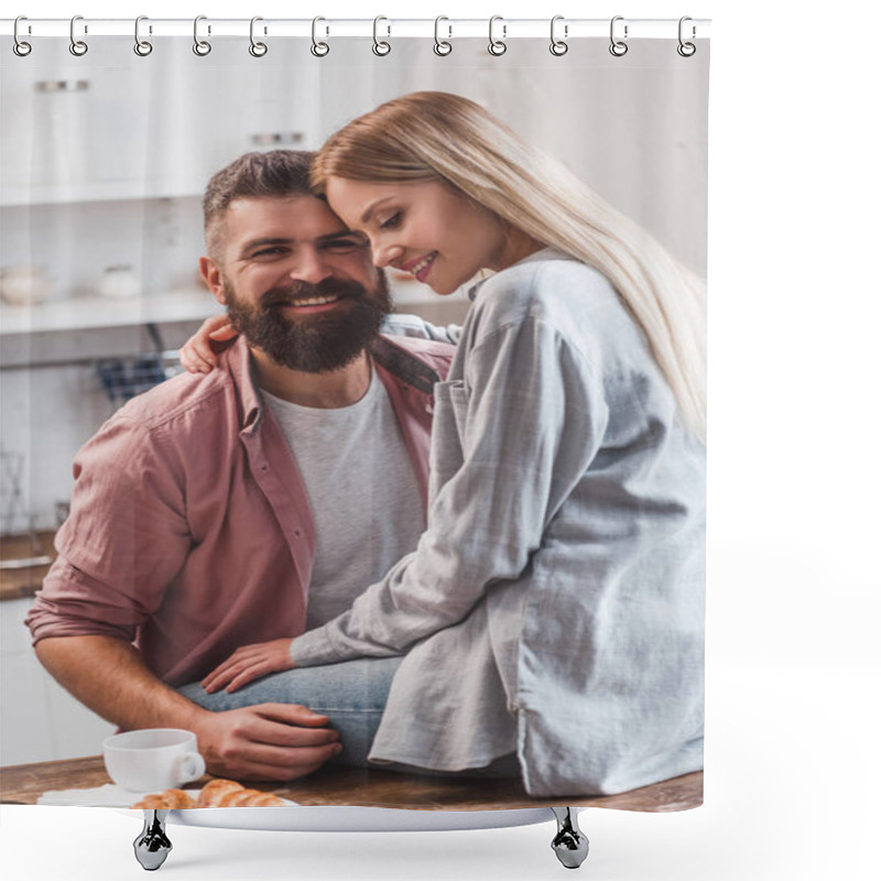 Personality  Attractive Young Woman Hugging Smiling Bearded Man At Kitchen  Shower Curtains