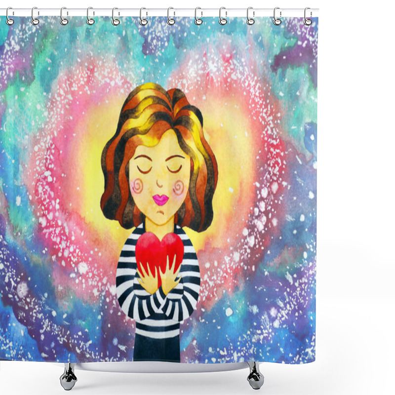 Personality  Girl Woman Love Yourself Heal Red Heart Spirit Mind Health Spiritual Mental Energy Emotion Connect To The Universe Power Abstract Art Watercolor Painting Illustration Design Shower Curtains