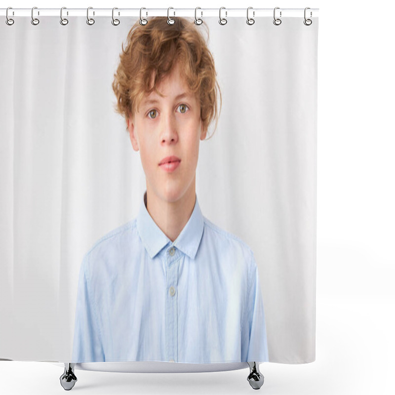 Personality  Portrait Of Calm Caucasian Boy Looking At Camera Shower Curtains