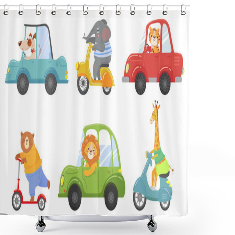 Personality  Cute Animals On Transport. Animal On Scooter, Driving Car And Zoo Travel Cartoon Vector Illustration Set Shower Curtains