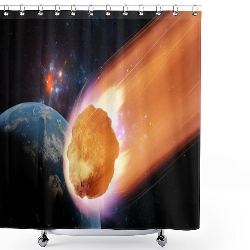 Personality  Asteroid, Fall Of Comet To Earth, Armageddon Disaster, Danger Meteorite. Huge Fiery Comet Is Flying In Space Towards Earth. 3d Render Shower Curtains