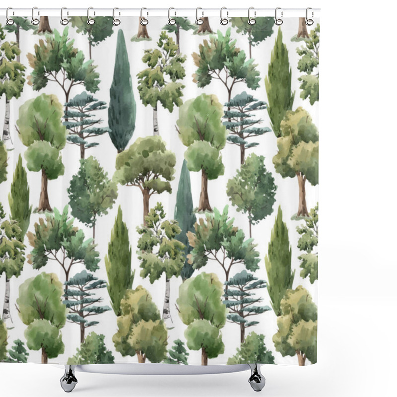 Personality  Watercolor Vector Tree Seamless Pattern Forest Oak Fir Birch, Thuja Linden Baobab Pine Shower Curtains