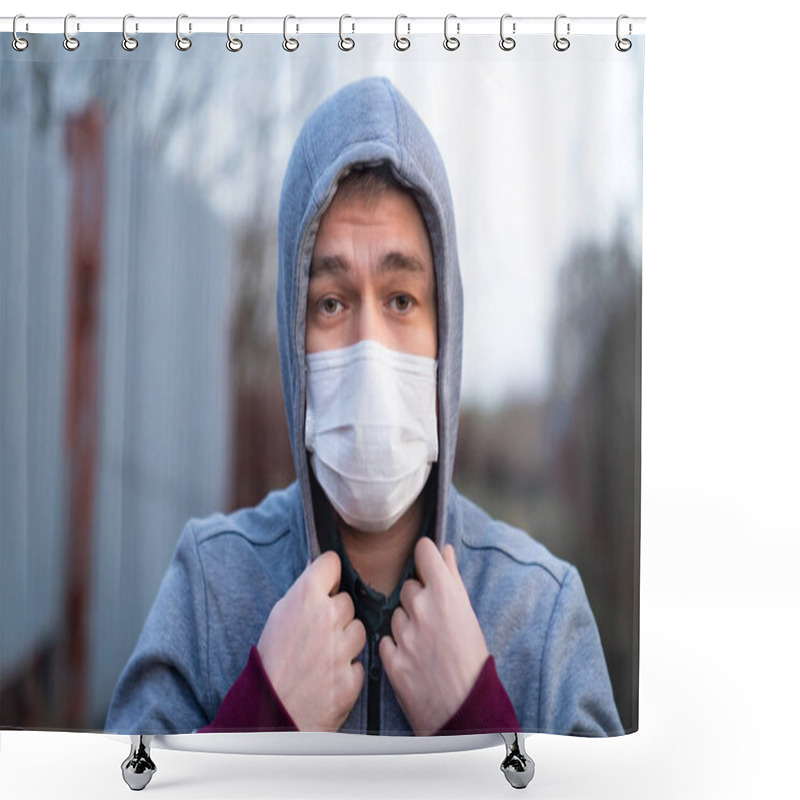 Personality  Adult Man In Jacket Hood In Medical Mask On Street Shower Curtains