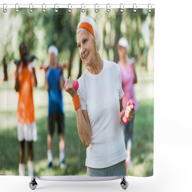 Personality  Selective Focus Of Cheerful Senior Woman Holding Dumbbells While Exercising Near Pensioners  Shower Curtains