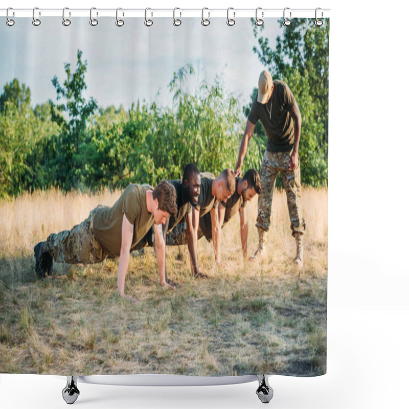 Personality  Tactical Instructor Examining Multicultural Soldiers In Military Uniform Doing Push Ups On Range Shower Curtains