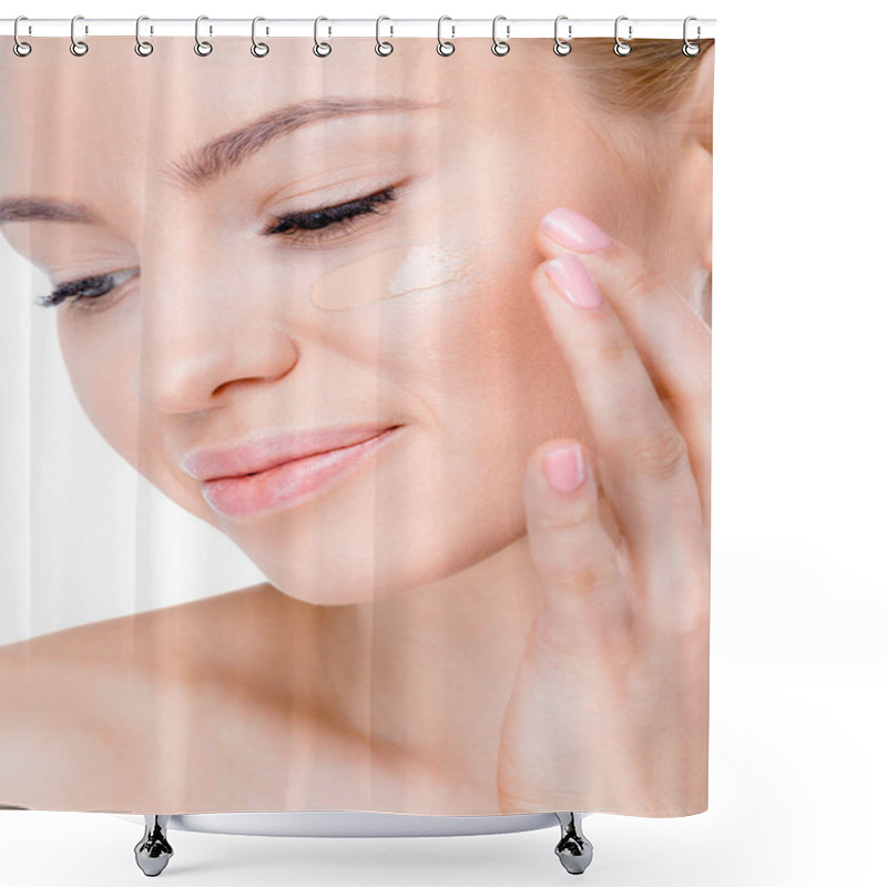 Personality  Woman With Foundation Cream On Face Shower Curtains