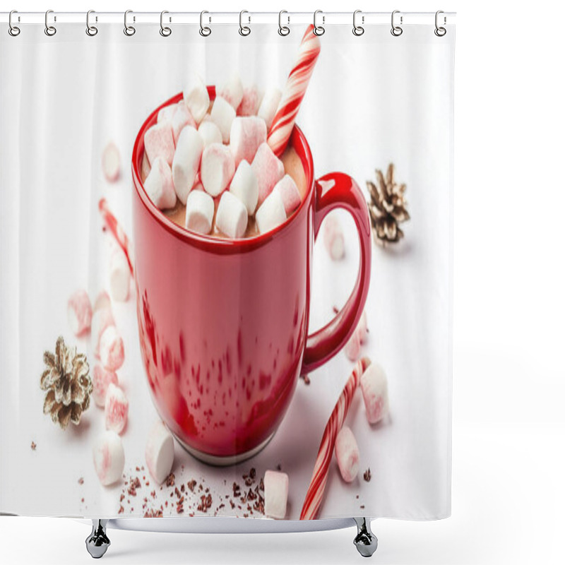 Personality  A Close-up Of A Red Mug Filled With Hot Chocolate Topped With Marshmallows And A Candy Cane, Evoking The Cozy And Festive Warmth Of The Holiday Season. Shower Curtains