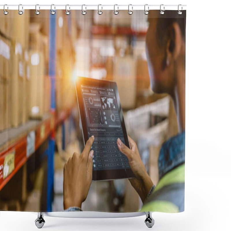 Personality  Software Smart Warehouse Management In Tablet Computer Real Time Monitoring Track Goods Package Delivery. Inventory Worker Showing Digital Data Dashboard Screen For Storage Logistics Supply Chain Dist Shower Curtains