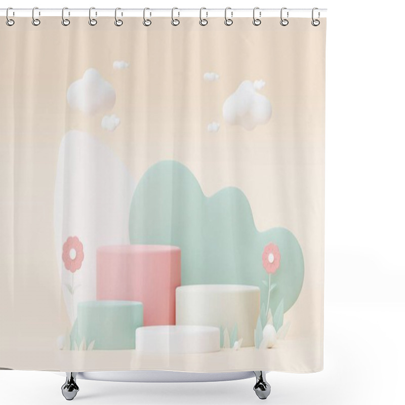 Personality  Abstract Pastel Of Nature, Flowers Leaves And Tree Plants With Podium Stand Platform. Cute Cartoon Natural Landscape Background. Scene Of Spring Colorful Plants With Minimal Design. 3D Render. Shower Curtains