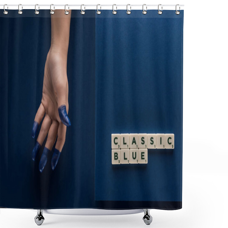 Personality  Cropped View Of Woman With Painted Fingers Near Classic Blue Lettering On Cubes On Blue Background Shower Curtains