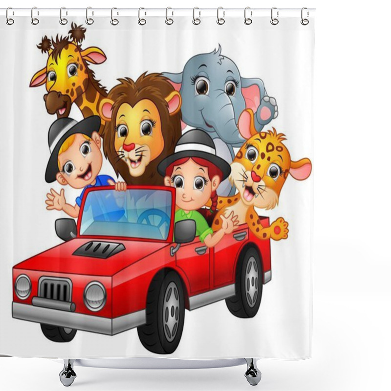 Personality  Cartoon Kids Driving A Red Car With Wild Animals Shower Curtains