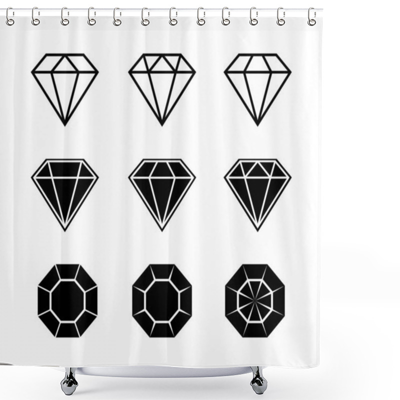 Personality  Diamond Brilliant. Vector Icon Collection. Vector Black Diamonds Collection. Linear Outline Sign. Diamond Shapes Gemstone. EPS 10 Shower Curtains