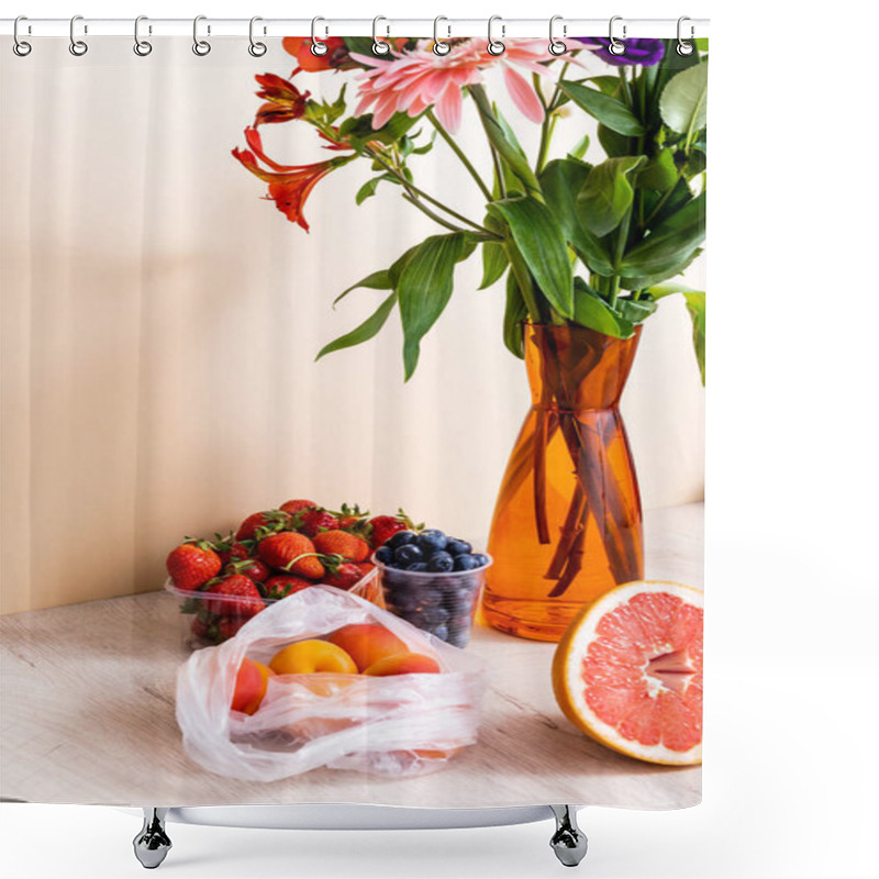 Personality  Floral And Fruit Composition With Bouquet In Vase, Berries, Grapefruit And Apricots On Wooden Surface On Beige Background Shower Curtains